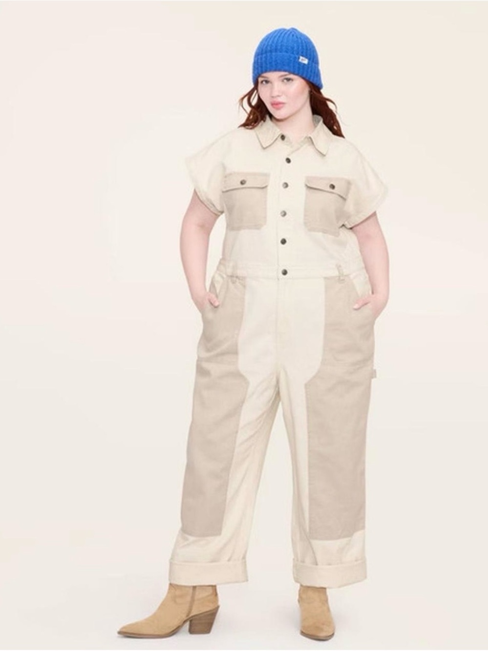 Neutral Colorblock Utility Jumpsuit in Cream and Tan